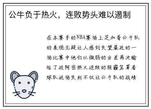 公牛负于热火，连败势头难以遏制